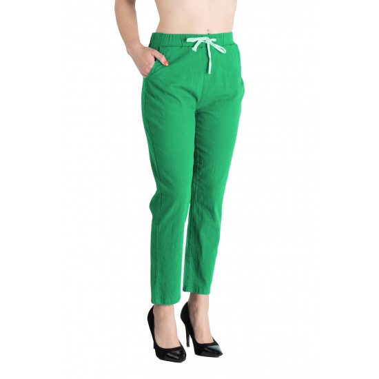 Pantaloni Dama Antonia Din Bumbac Racoros De Vara Cu Siret In Talie,Verde Crud